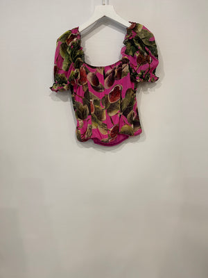 Dolce 
Gabbana Pink Fig Printed Silk Corset Top with Puffy Sleeves Size IT 42 (UK 10) RRP £1,050