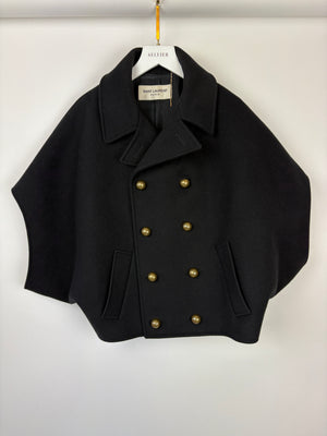 Saint Laurent Black Wool Cape Style Coat With Gold Buttons Size FR 38 (UK 10)