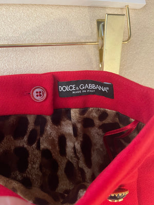 Dolce 
Gabbana Red Wool Mini Skirt with Black and Gold Logo Buttons Size IT 38 (UK 6)