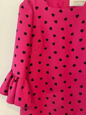 Valentino Hot Pink Heart-Printed Mini Dress with Ruffle Sleeve Details Size IT 40 (UK 8)