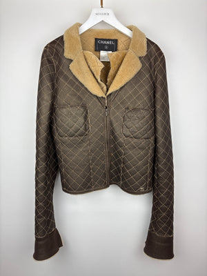 Chanel Brown Quilted Stitch Shearling Zip -Up Jacket With Double Collar Detail FR 36 (UK 8)