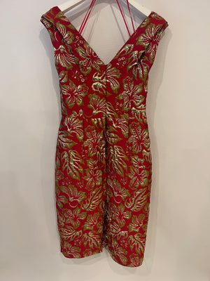 Prada Red 
Gold Midi Dress with Floral 
Bow Detail Size IT 40 (UK 8)