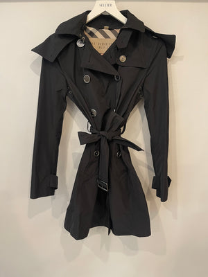 Burberry Black Trench Coat with Belt and Silver Logo Button Details Size UK 4