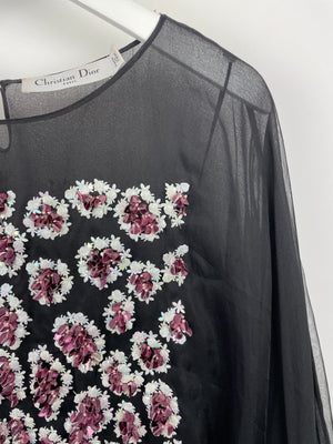 Christian Dior Black Long Sleeve Cape Dress with Pink Sequins Floral Detail Size FR 38 (UK 10)RRP4500£