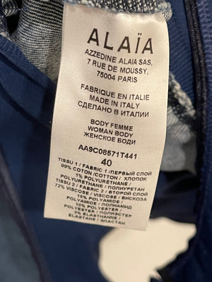 Alaïa Denim Blue Long-Sleeve Hooded Bodysuit Size FR 40 (UK 12) RRP £1,265