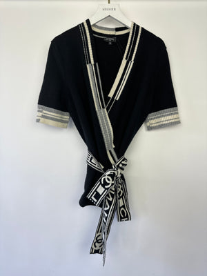 Chanel 2020 Black V-Neck Short Sleeve Wrap Cardigan with Logo Detail Size FR 38 (UK 10)