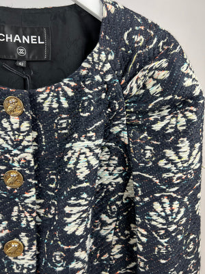 *HOT* Chanel 18C Navy Tweed Jacket with White Floral Embroideries and Crystal Bronze Buttons FR 42 (UK 14) RRP £4800