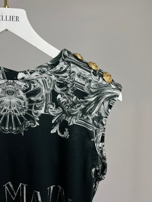 Balmain Black, White Printed Vest Top with Gold Button Detail Size FR 36 (UK 8)