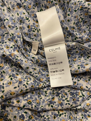 Céline Blue Floral Silk Midi Dress with Gold Logo Buttons Detailing Size FR 34 (UK 6)