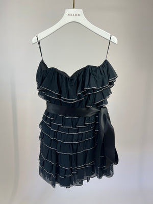 Alexandre Vauthier Black Ruffled Crystal Bandeau Mini Dress with Satin Bow FR 38 (UK 10)