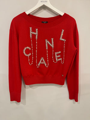 *HOT* Chanel Red Cashmere Jumper with Pearl Crystal Embellished Logo Size FR 40 (UK 12)