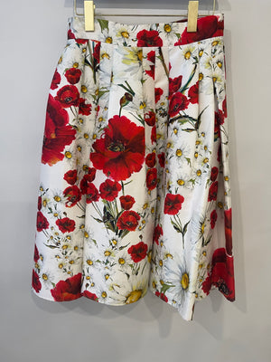 Dolce 
Gabbana White and Red Poppy Printed Midi Skirt Size IT 42 (UK 10)