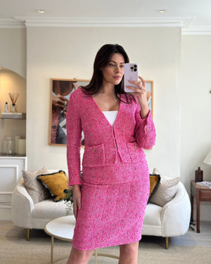 *HOT* Chanel 21C Pink Tweed Jacket and Skirt Set with CC Logo Buttons Size FR 42 (UK 14)