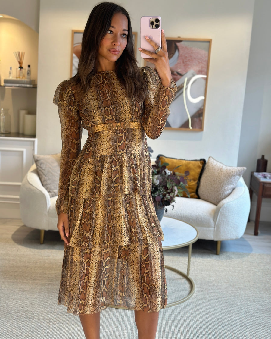 Zimmermann Brown Python Printed Long Sleeve Dress with Tiered Detail Size 1 (UK 10)