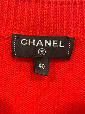 *HOT* Chanel Red Cashmere Jumper with Pearl Crystal Embellished Logo Size FR 40 (UK 12)