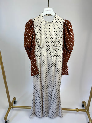 Rejina Pyo Cream, Brown Polka Dot Long-Sleeve Midi Dress Size UK 10