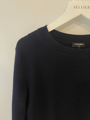 Chanel Navy and White Striped Long-Sleeve Cashmere Mini Dress with CC Logo Button Detail Size FR 34 (UK 6)