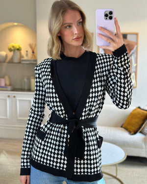 Balmain Black and White Checked Cardigan with Belt Size FR 36 (UK 8)