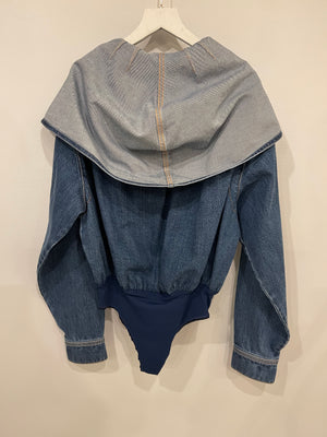 Alaïa Denim Blue Long-Sleeve Hooded Bodysuit Size FR 40 (UK 12) RRP £1,265