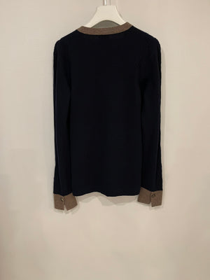 Chanel Navy Cashmere Jumper with Metallic Brown Details and CC Logo Buttons Size FR 40 (UK 12)