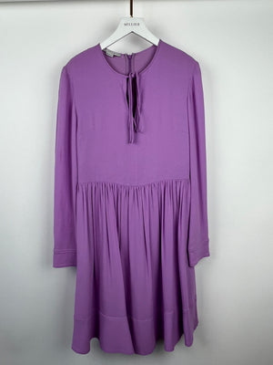 Stella McCartney Lilac Long Sleeve Pleated Waist Midi Dress with V-Neck Tie Detail Size IT 42 (UK 10) RRP £900