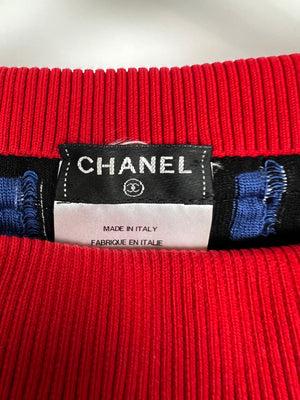 Chanel SS13 Red Knit Jumper with Pearl Pockets 
Blue and White Window Detail Size FR 36 (UK 8)