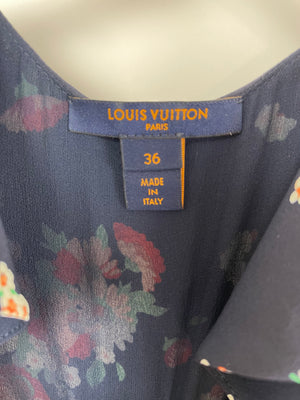 Louis Vuitton Navy Floral Silk Mini Dress With Wrap Around Tie Detail FR 36 (UK 8)