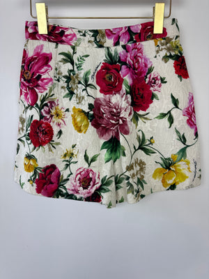 Dolce 
Gabbana White Jacquard High-Waist Shorts with Multicolour Floral Detail Size IT 38 (UK 6)