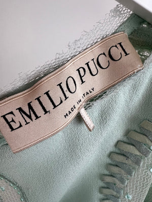 Emilio Pucci Pastel Green Suede Embellished Midi Dress with Mesh Detail IT 40 (UK 8)