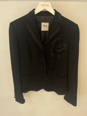 Moschino Cheap and Chic Black Blazer Jacket and Skirt Set with Rose Embellishment Size IT 42 (UK 10)