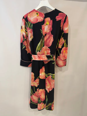 Dolce 
Gabbana Black and Pink Floral Midi Dress with Belt Detail Size IT 42 (UK 10)