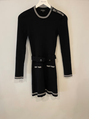 Chanel 22C Dubai Black 
White Belted Knit Dress with Button Detail Size FR 36 (UK 8)