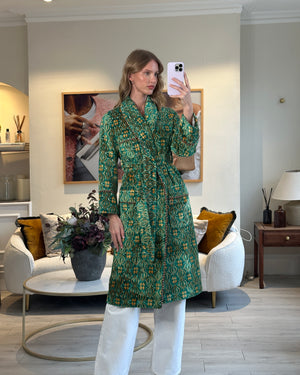 Gucci Long-Sleeve Green Velvet Robe with Multi Colour Floral Embellishment Detail Size IT 36 (UK 4)