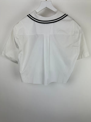 *HOT* Miu Miu Cropped White Short Sleeve Poplin Shirt With Logo Detail Size IT 36 (UK 6)