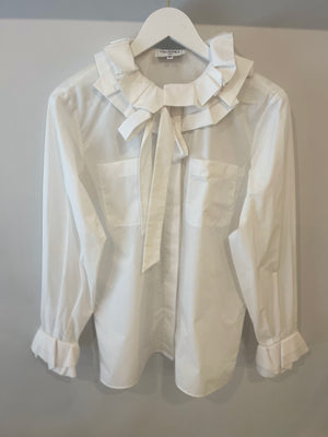 Chanel White Ruffle Shirt with Tie-Neck and Red, Blue CC Logo Button Details Size FR 34 (UK 6)