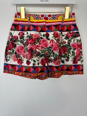 Dolce 
Gabbana Red Rose Mambo Print Floral High-Waist Cotton Shorts Size IT 40 (UK 8)