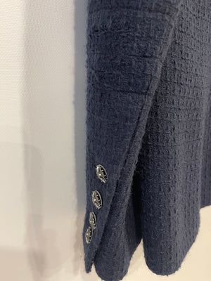 Chanel 08A Navy Tweed Jacket and Midi Skirt Set with Silver CC Logo Details Size FR 42 (UK 14)