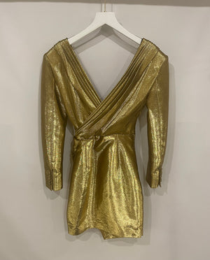 *RUNWAY* Saint Laurent Gold Embellished Long-Sleeve Mini Dress Size FR 38 (UK 10)