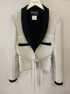 Chanel Light Grey and Black Belted Blazer Jacket with CC Logo Buttons Size FR 36 (UK 8)