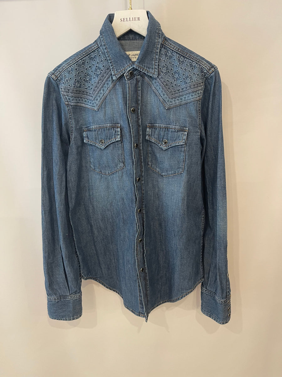 Saint Laurent Blue Denim Button-Up Shirt with Embroideries Size S (UK 8)