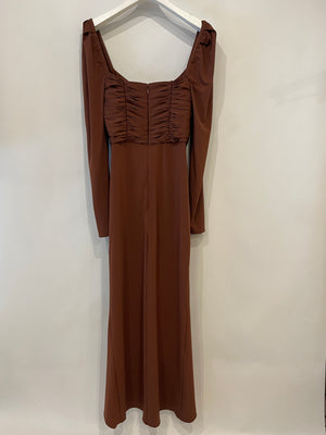 Self-Portrait Brown Ruched Midi Dress with Gold Low Cut Buckle Detail Size XS (UK 6)