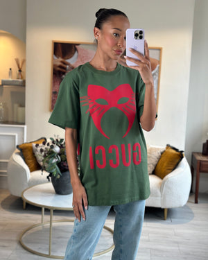 Gucci Menswear Khaki Over-Sized T-Shirt with Red Mask Logo Print Size M (UK 38)