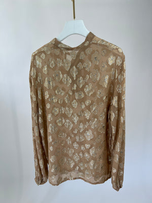 Saint Laurent Beige, Metallic Gold Floral Print Blouse with Tie Neck Size FR 40 (UK 12)