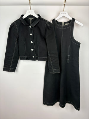 Courreges Black Short Jacket and Midi Dress Set With White Stitching Detail 
White Buttons FR 40/38 (UK 10-12)