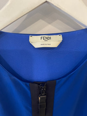 Fendi Electric Blue, Green and Black Zipped Maxi Pleated Dress with Mesh Detailing Size IT 42 (UK 10)