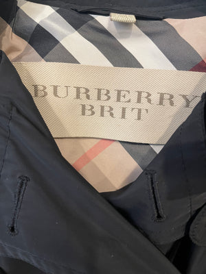 Burberry Black Trench Coat with Belt and Silver Logo Button Details Size UK 4