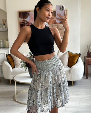 Chanel Grey Pleated Lace Midi Skirt with Flower Detail Size FR 38 (UK 10)