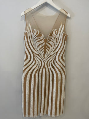 Zuhair Murad White and Beige Sequin Striped Tulle Sleeveless Mini Dress Size IT 42 (UK 10)