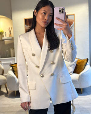 Balmain Cream Wool Blazer Jacket with Gold Buttons and Shoulder Pads Size FR 42 (UK 14)