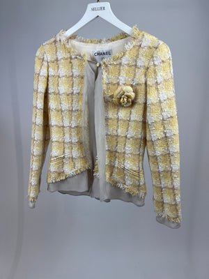 Chanel 04C Yellow and White Tweed Jacket and Grey Silk Shorts Set with Camelia Tweed Pin Detail Size FR 36 (UK 8)